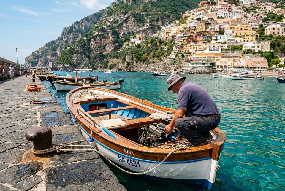Small wooden gozzo boat tied up at a stone jetty on the Amalfi Coast with a skipper preparing the engine, cliffside houses and turquoise water in the background, bright midday light
