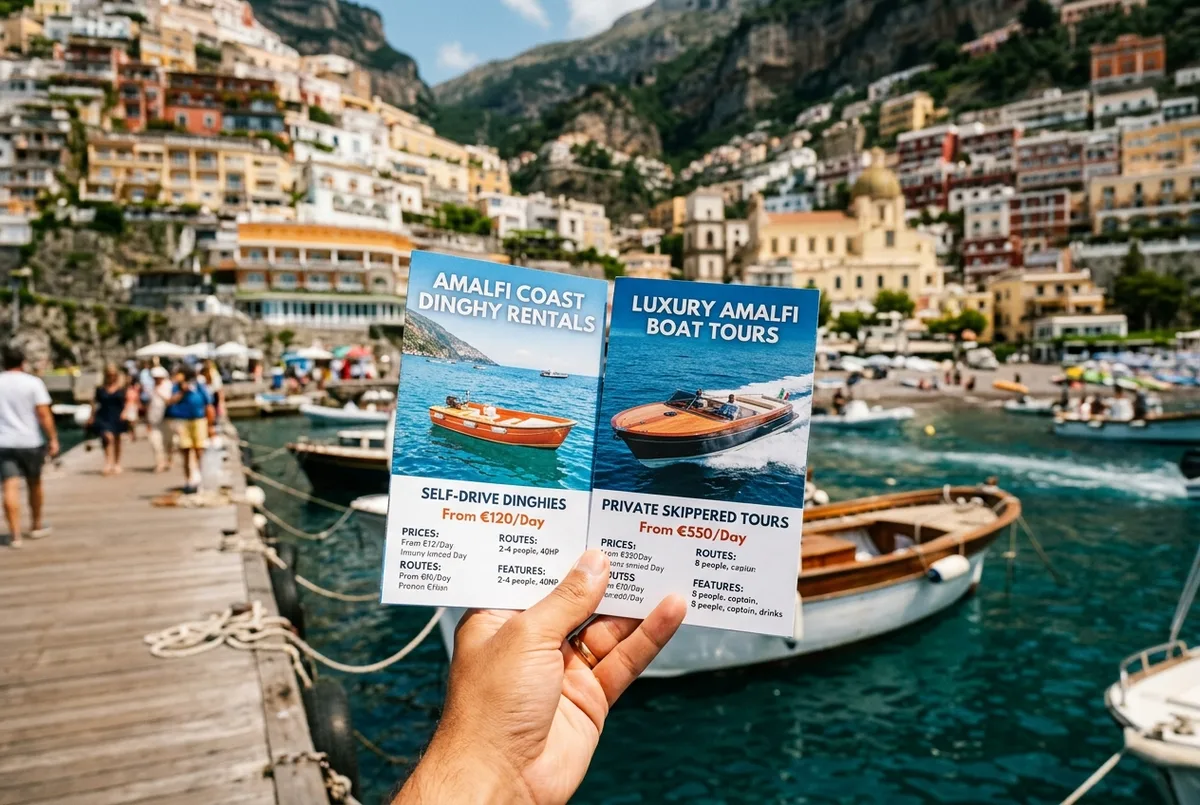 Close-up of a hand comparing two boat rental brochures on a Positano marina dock, one showing a small dinghy and one a larger skippered boat, midday light, amalfi boat rental prices concept