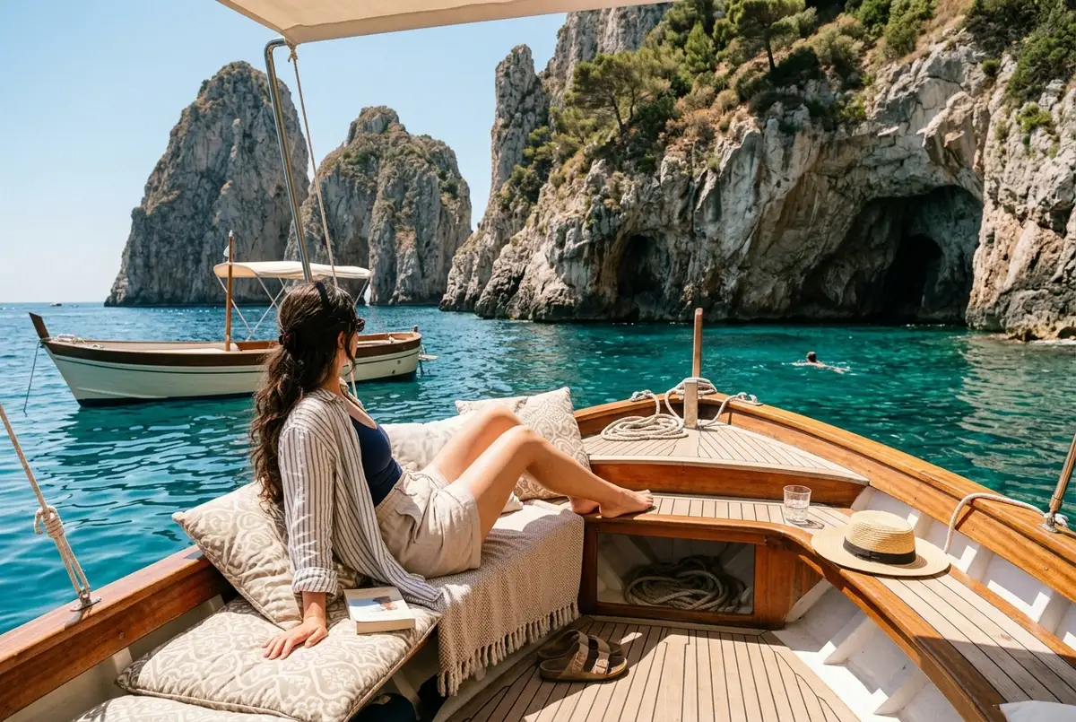 Traveler relaxing on the deck of a small boat during an amalfi boat tour half day trip, swimming stop near limestone cliffs, midday sun, turquoise water, no crowd
