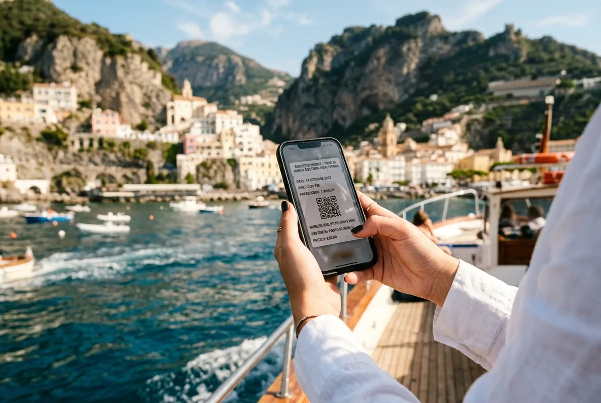 Primo piano di un biglietto mobile su uno smartphone per un giro in barca con la costiera amalfitana sfocata sullo sfondo, luce di metà giornata