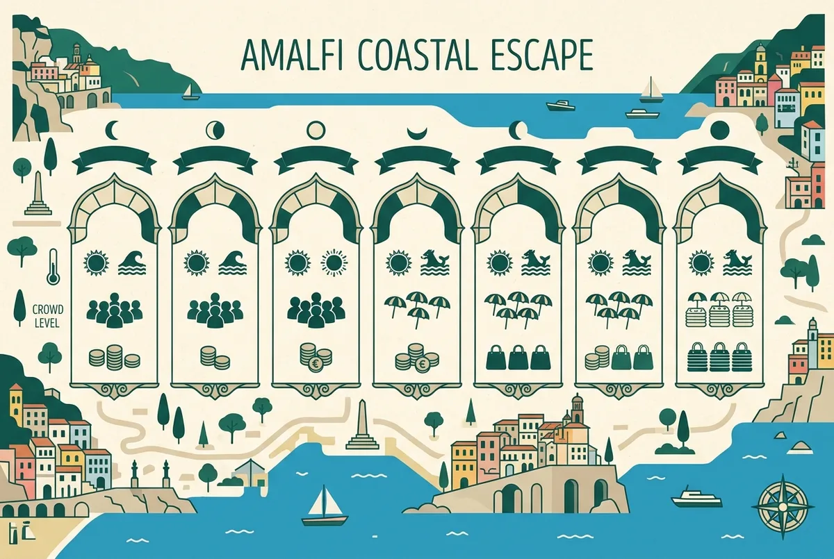 Grafico semplice a calendario stile infografica che mostra i mesi da aprile a ottobre con icone generiche per temperatura del mare, livello di folla e fascia di prezzo per ciascun mese, stile piatto illustrato, nessuna cifra specifica, periodo migliore gita in barca costiera amalfitana concept