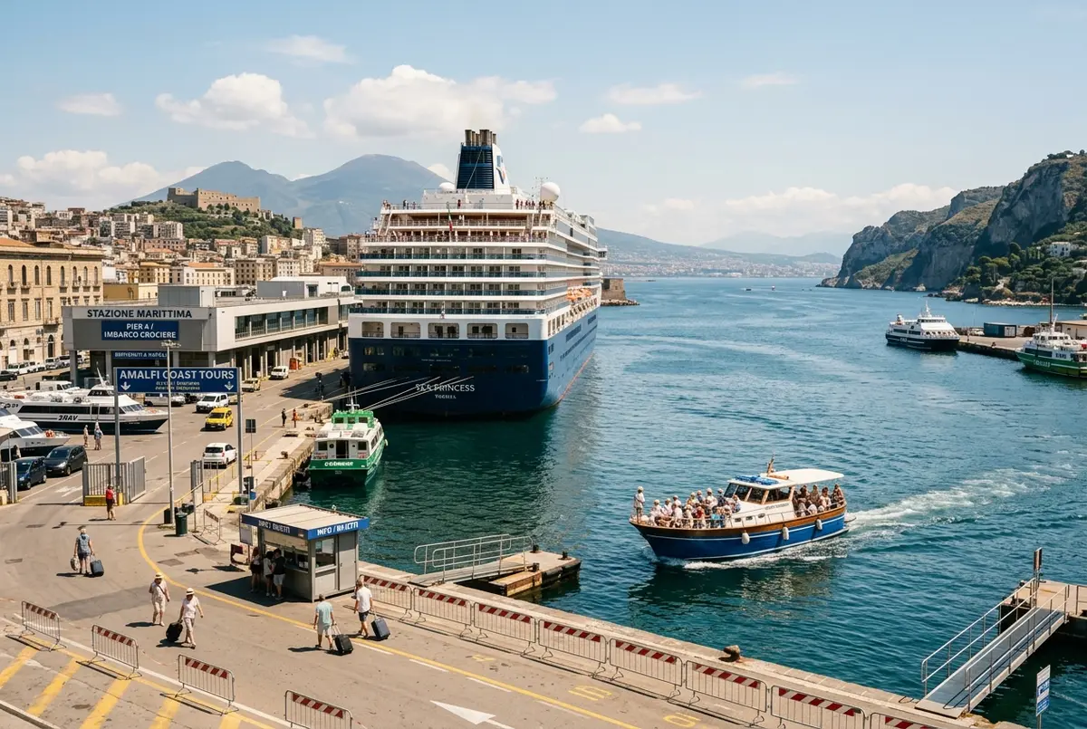 Cruise ship docked at Naples port with a small tour boat departing toward the amalfi coast in the background, bright midday light, generic cruise terminal signage