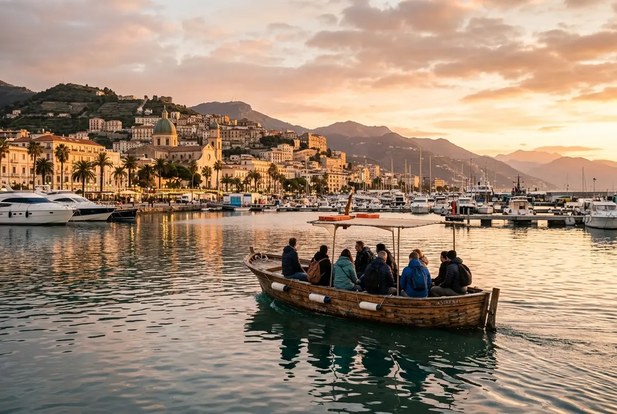 Boot legt am Hafen von Salerno ab, Blick auf die Uferpromenade und die Küste Richtung Amalfiküste im Morgenlicht, ruhiges Wasser
