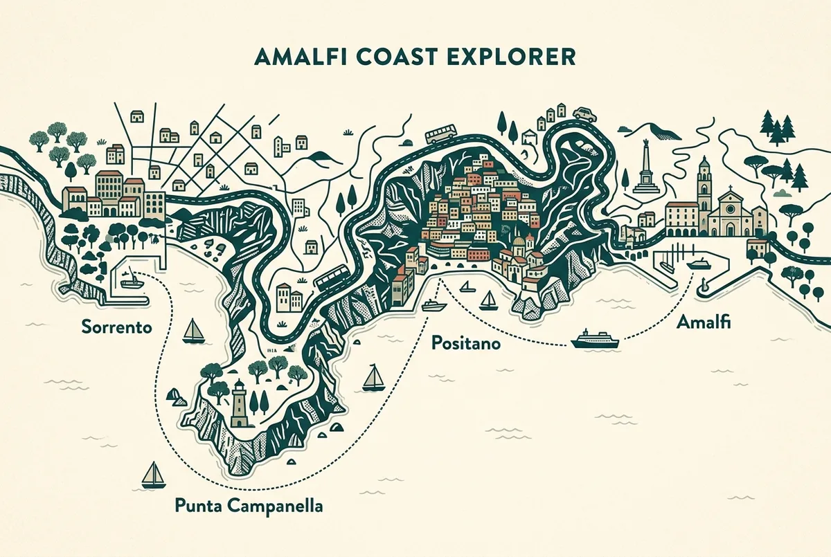 Carte simple d'itinéraire montrant Sorrente, Punta Campanella, Positano et Amalfi reliées par une ligne de route en pointillé le long de la côte, style plat illustré, étiquettes de lieux génériques uniquement