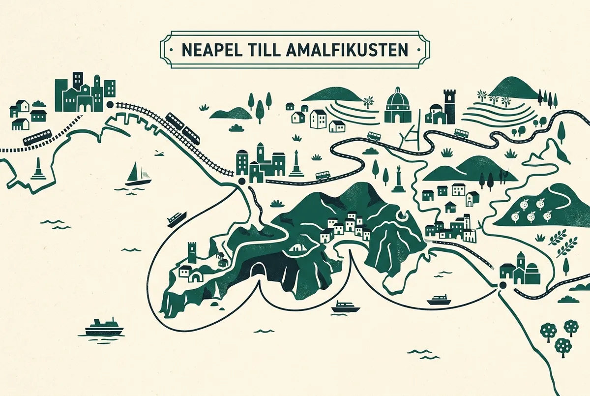 Enkel kartinfografik som visar tågrutten från Neapel till Sorrento och båtrutten vidare längs Amalfikusten till Positano och Amalfi, platt illustrationsstil, endast generiska stadsnamn