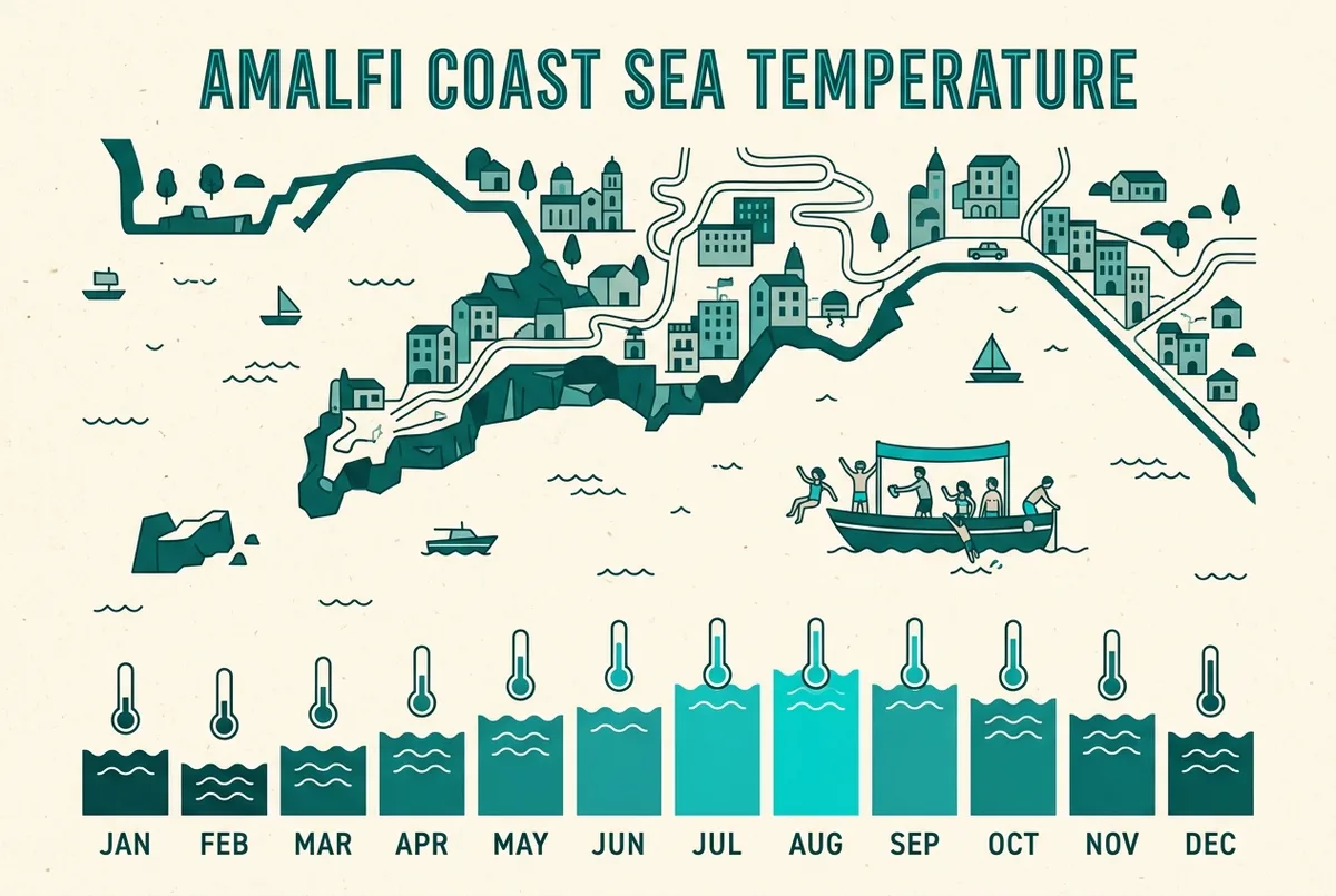 Simple flat-illustrated infographic showing sea water temperature by month for the amalfi coast region, thermometer and wave icons, generic month labels only, no prices, amalfi coast boat tour with swimming concept