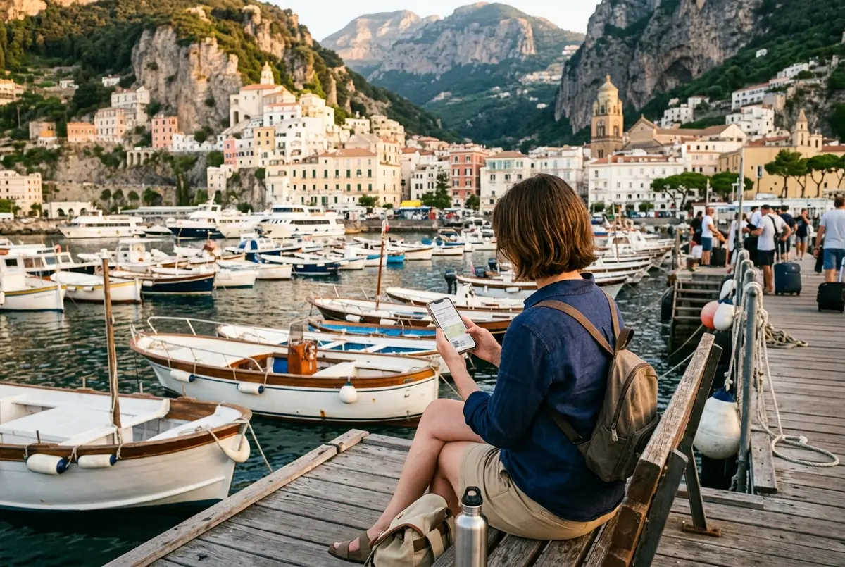 Viaggiatore che controlla un itinerario su un telefono sul molo di Amalfi al mattino presto prima di una gita in barca in costiera amalfitana, barche ormeggiate sullo sfondo, luce calda del sorgere del sole
