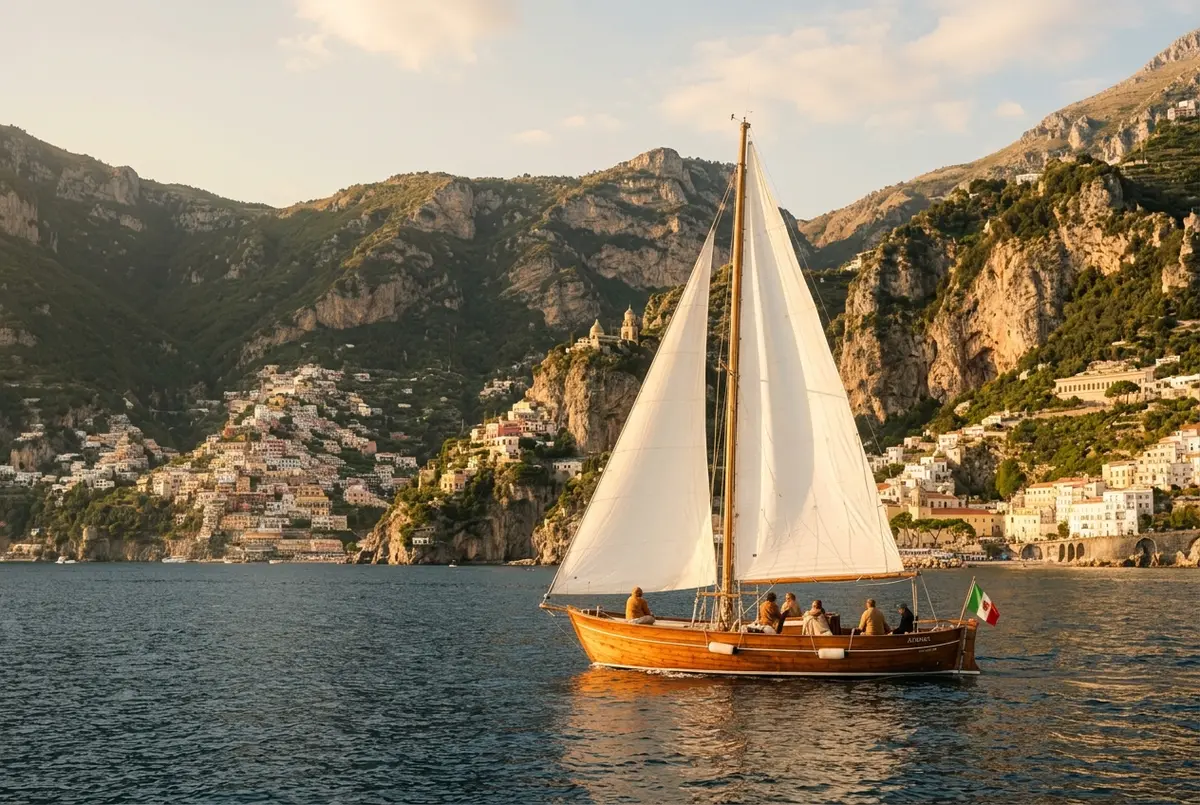 Barca a vela tradizionale con le vele bianche issate che naviga lenta davanti alle scogliere della costiera amalfitana per un tour in barca a vela, mare calmo, luce dorata del tardo pomeriggio