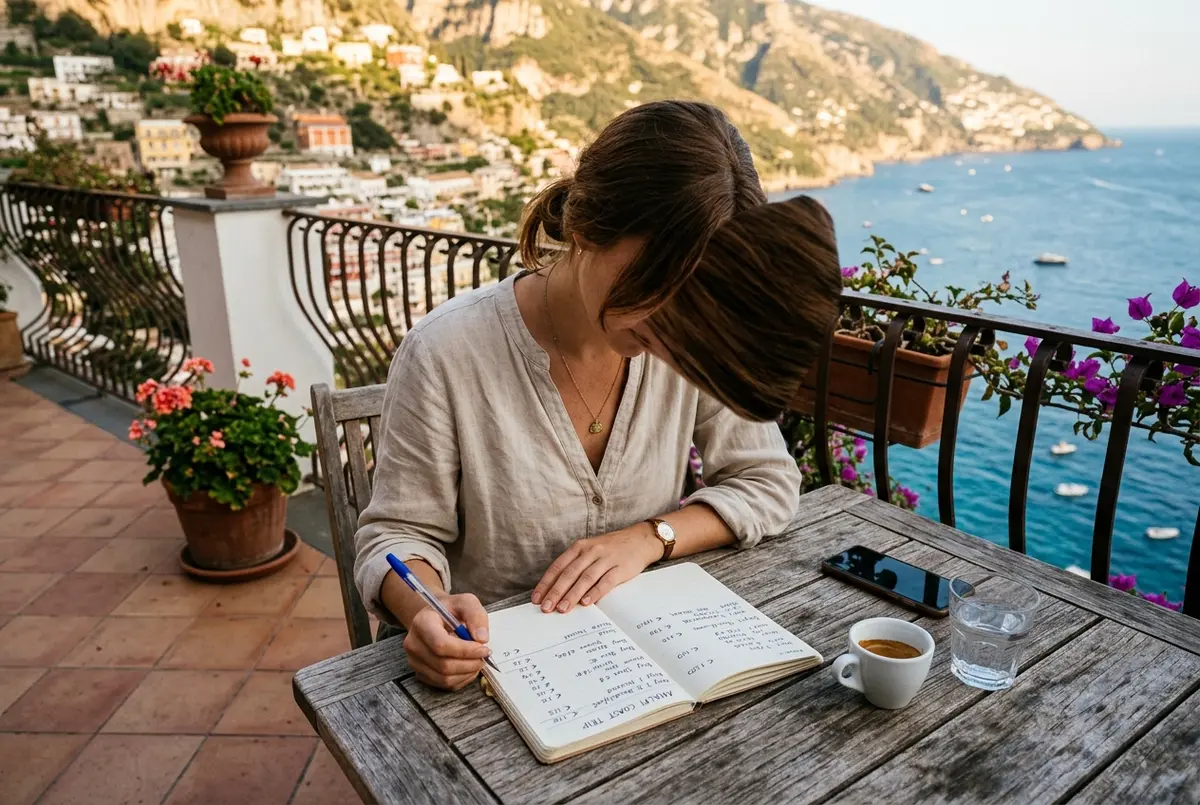 Traveler reviewing a simple travel budget notebook on a terrace overlooking the amalfi coast cliffs and sea, amalfi coast trip cost concept