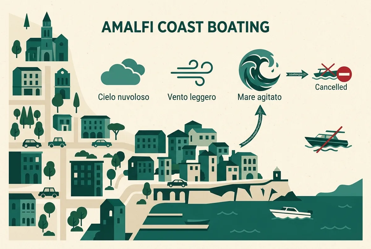 Grafico semplice stile infografica che mostra icone generiche per cielo nuvoloso, vento leggero e mare agitato con etichette indicando quale condizione causa più spesso l'annullamento di un tour in barca, stile piatto illustrato, nessuna cifra specifica, meteo costiera amalfitana concept