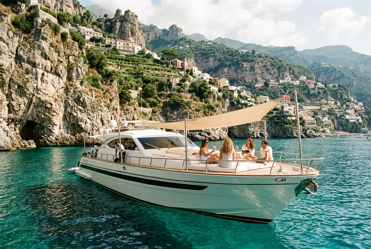 Crewed yacht anchored close to a dramatic Amalfi Coast cliff with a small group relaxing on the bow under a shade sail, turquoise water below, late morning light, amalfi coast yacht charter concept
