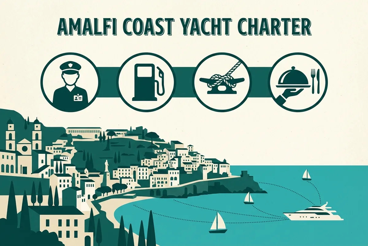 Simple infographic icon row showing a crew badge, a fuel pump, a mooring rope and a food tray labeled generically as crew, fuel, mooring and extras, flat illustrated style, no prices, amalfi coast yacht charter concept
