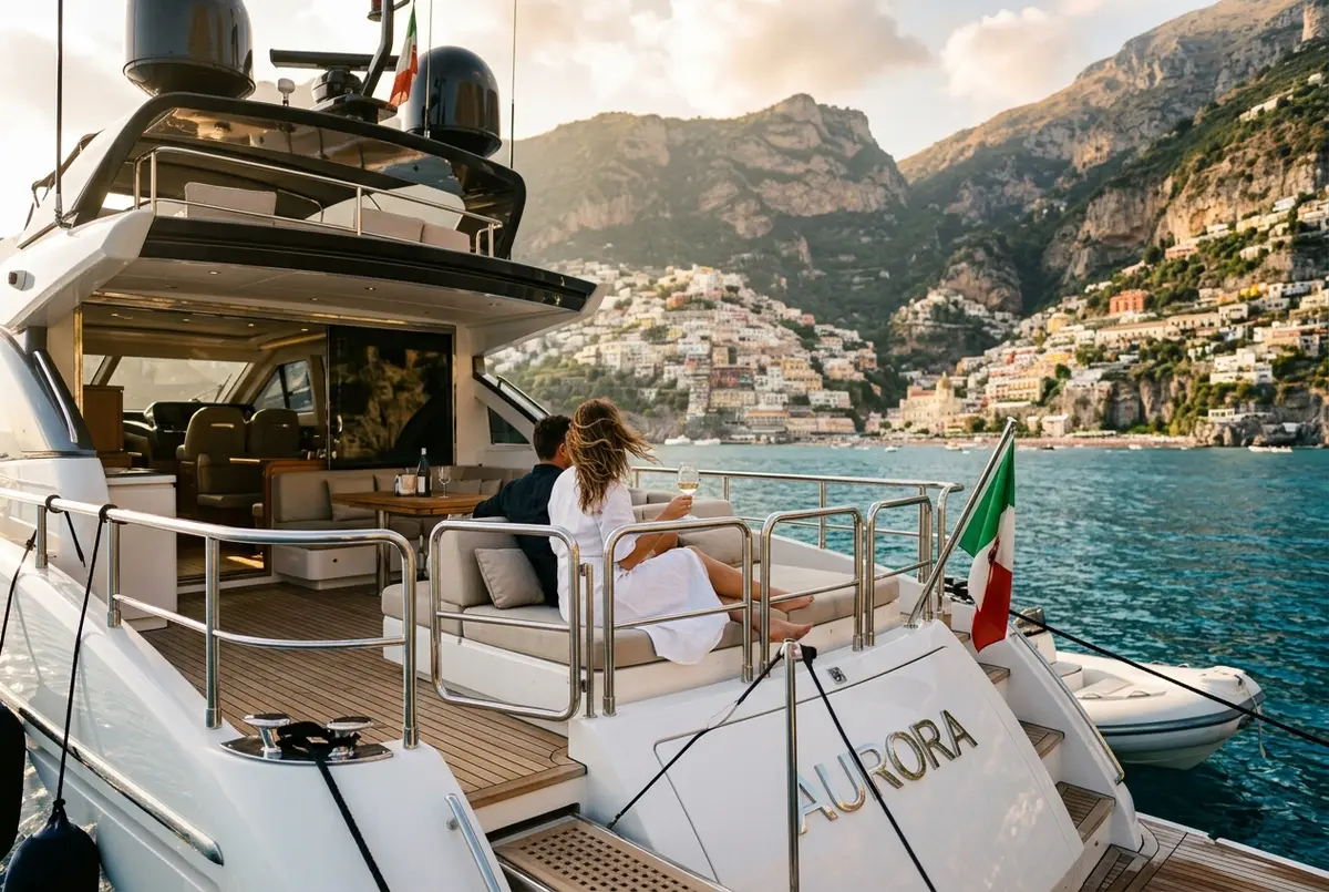 Close up of a yacht's open logbook and a pair of sunglasses on a polished teak deck table with the Amalfi Coast cliffs blurred in the background, soft morning light, amalfi coast yacht charter cost concept