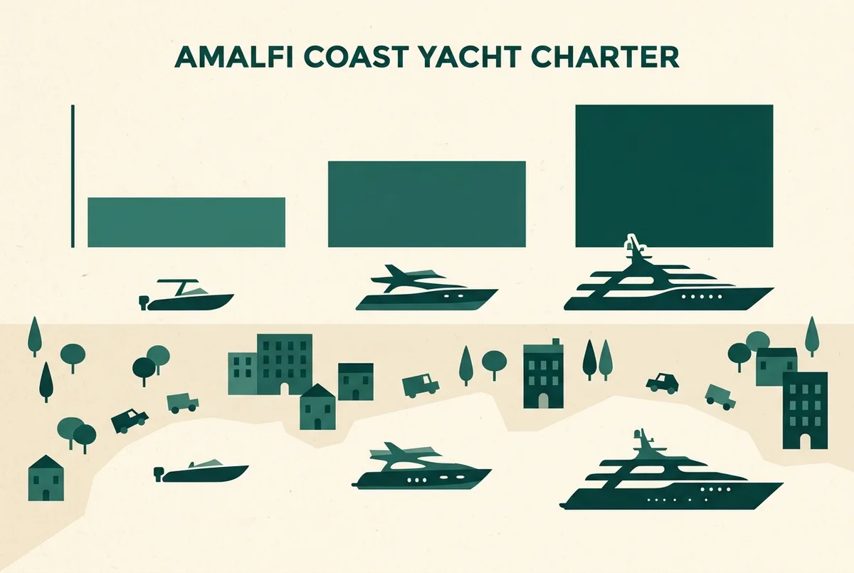 Simple bar-style infographic comparing three generic boat size icons labeled small charter, mid-size yacht and large yacht against a relative price-bar scale with no numbers shown, flat illustrated style, amalfi coast yacht charter cost concept