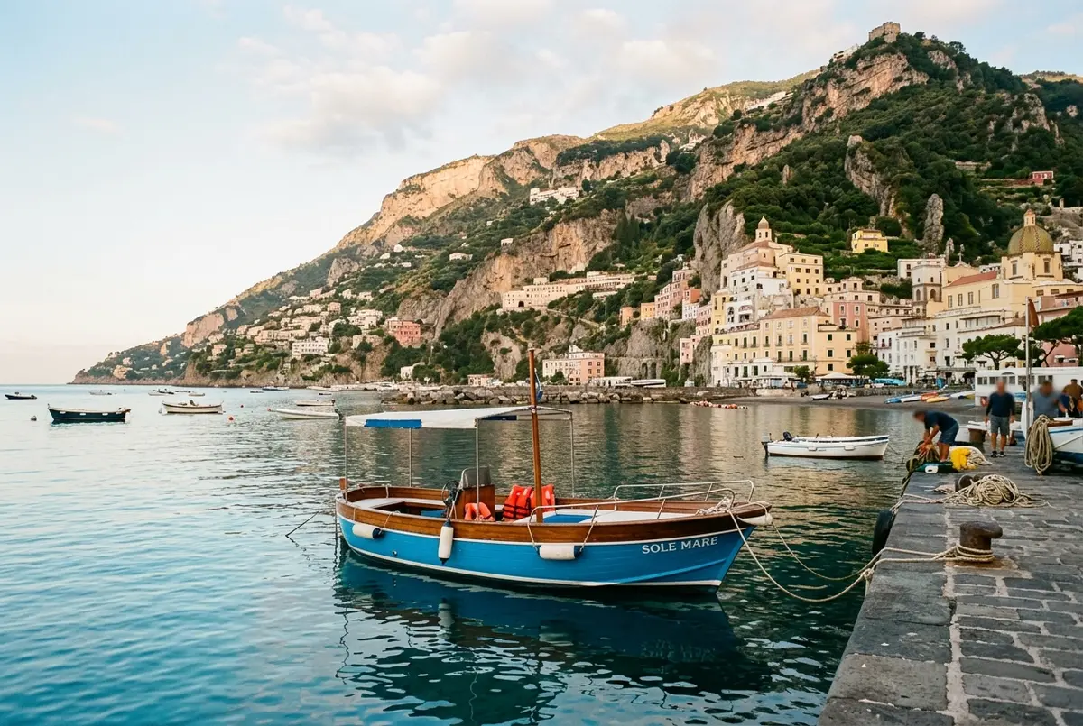 Piccola barca turistica ormeggiata a Positano al mattino presto, pronta per un tour in barca Amalfi Positano in un solo giorno, case color pastello sulla scogliera e mare calmo color turchese