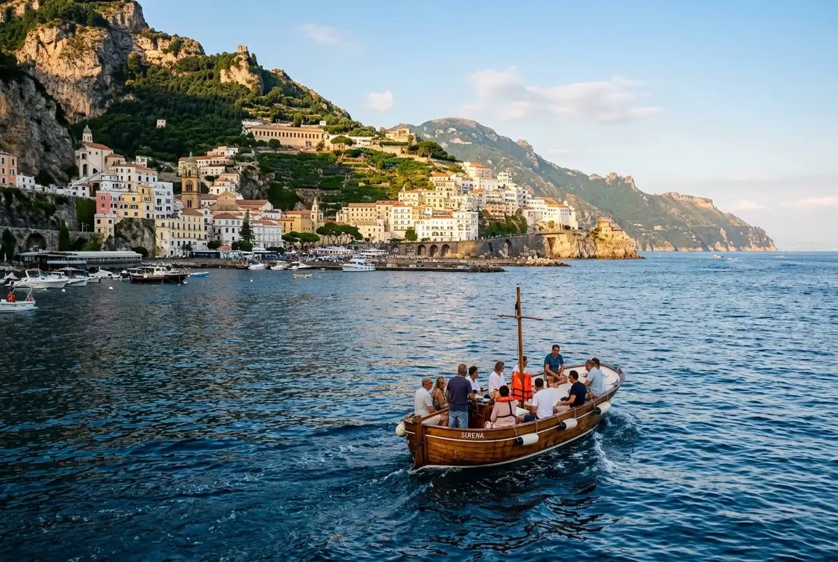 Small boat cruising out of Amalfi's harbor at golden hour, cathedral and cliffside town lit by warm evening light, calm sea, amalfi sunset cruise concept