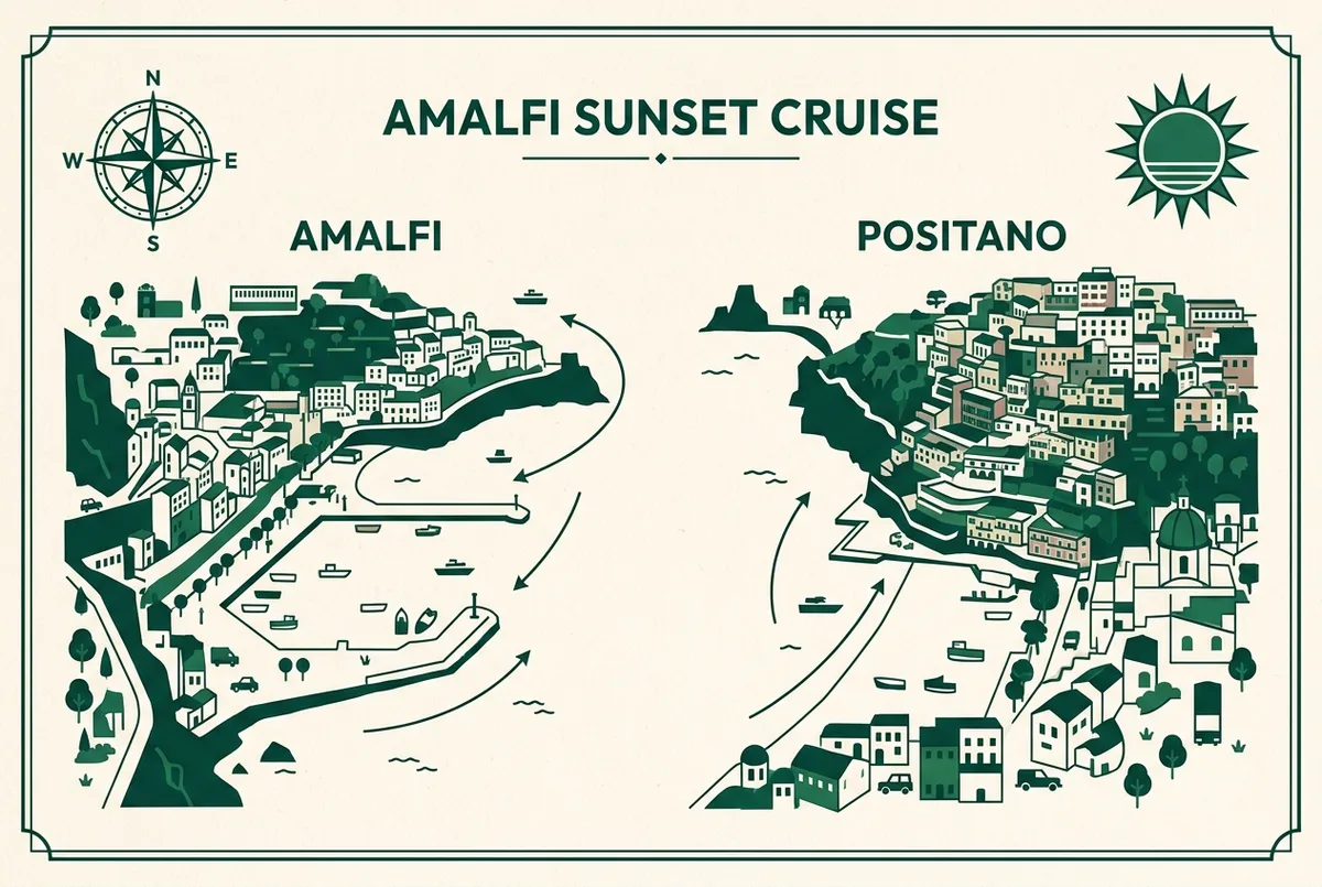 Simple flat-illustrated map comparing the harbor orientation of Amalfi and Positano, compass and sun icons, generic place labels only Amalfi and Positano, no prices or statistics, amalfi sunset cruise concept