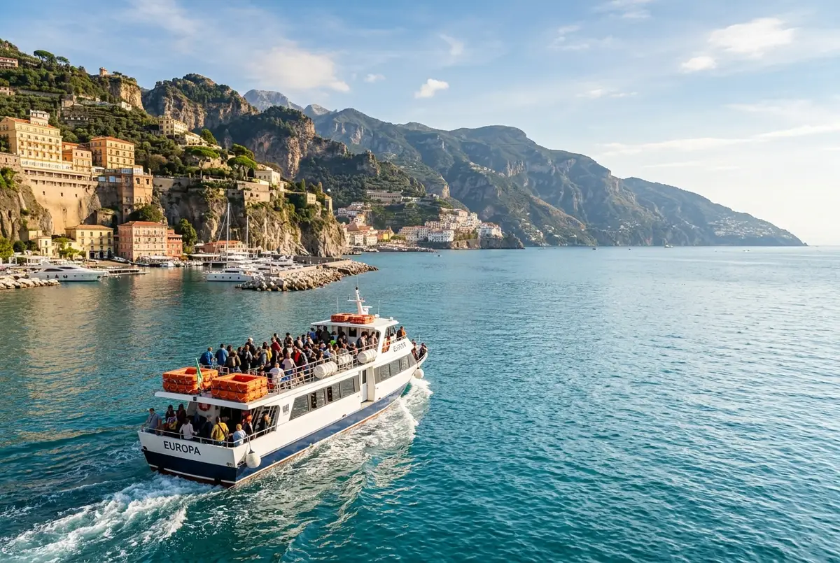 Passenger ferry departing Sorrento marina heading toward Positano along the Amalfi Coast, clear morning light, calm sea, cliffside coastline visible in the distance