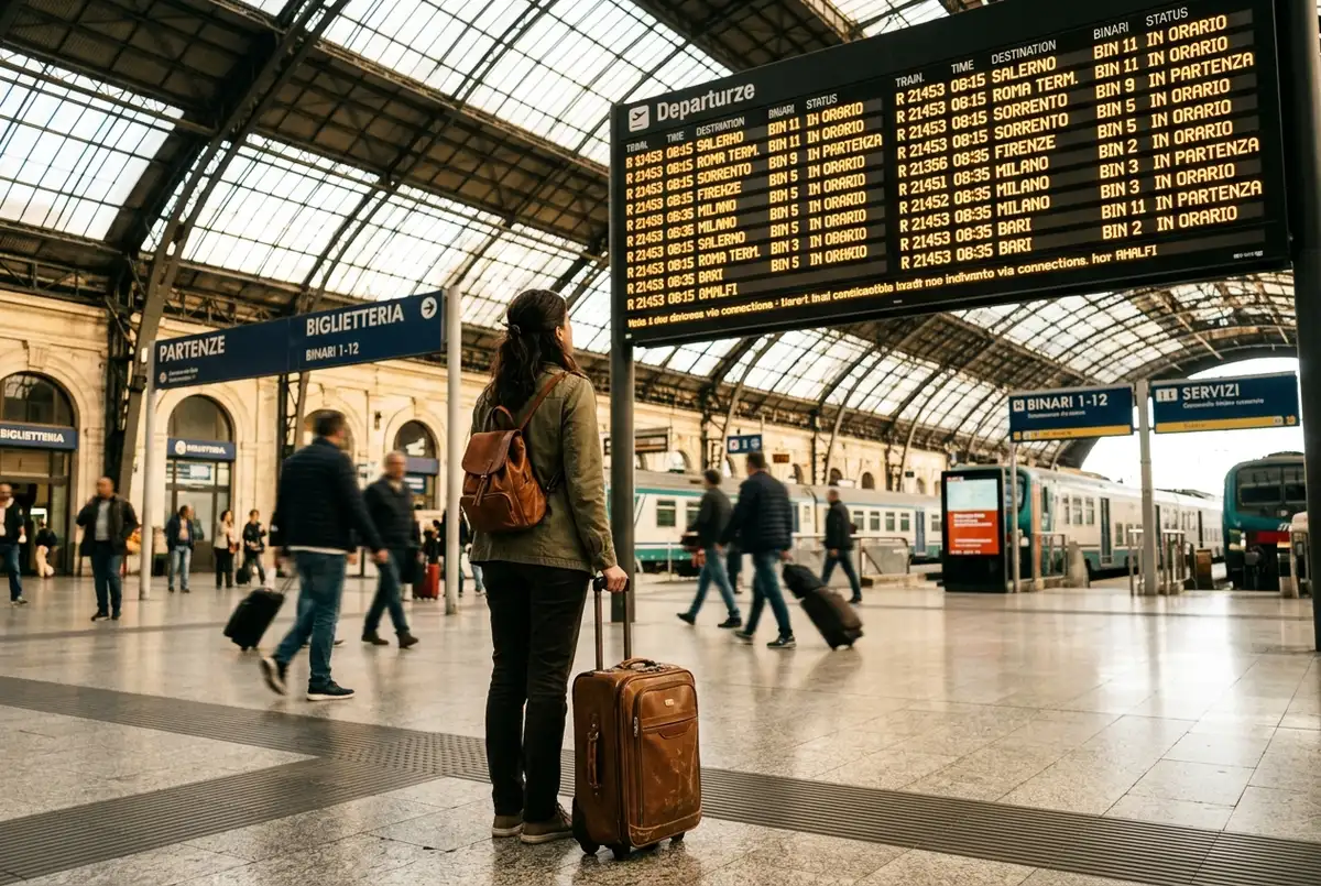 Voyageur regardant un tableau des départs à la gare de Napoli Centrale avec une petite valise, lumière douce du matin, signalétique générique de gare
