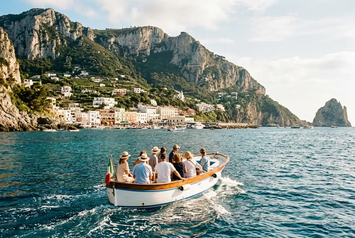 Small tour boat approaching Capri's dramatic limestone Faraglioni sea stacks with Positano's cliffside town faintly visible across the water behind it, bright midday Mediterranean light