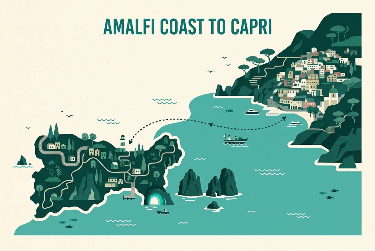 Simple map infographic showing a dotted boat route from Positano across open water to Capri, with small icons marking the Faraglioni sea stacks and the Blue Grotto on the island's coastline, flat illustrated style, generic labels only