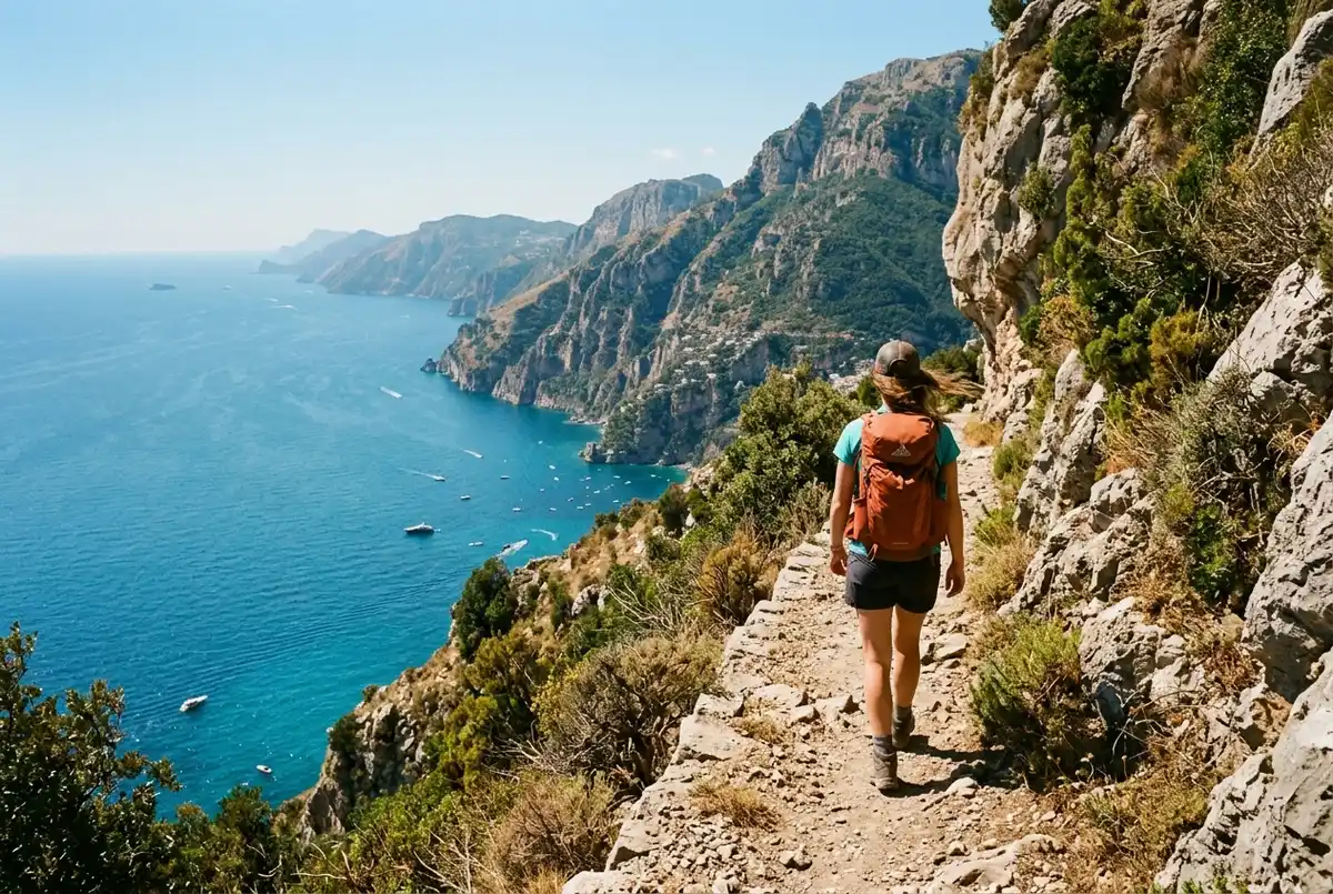 Hiker on a cliffside trail with a wide view over the amalfi coast and the sea far below, clear blue sky, no towns directly connected by the visible path