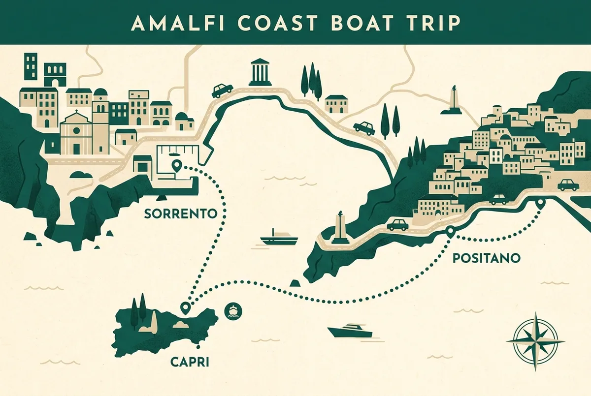 Simple map infographic showing a dotted boat route from Sorrento out to Capri and then along the coast past Positano, with small icons marking each stop, flat illustrated style, generic labels only