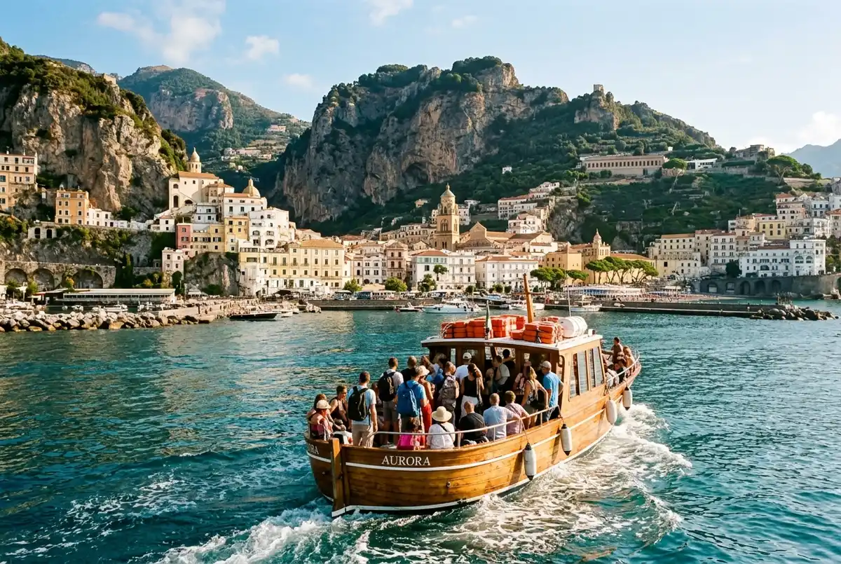 Bateau quittant le port d'Amalfi avec les marches de la cathédrale et les bâtiments de falaise derrière lui, eau ouverte et silhouette brumeuse de Capri visible loin à l'horizon, lumière matinale