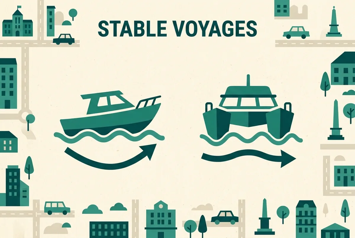 Simple side-by-side infographic comparing a single-hull boat icon and a twin-hull catamaran icon, with a wave-motion arrow beneath each showing more rocking under the single hull, flat illustrated style, generic labels only