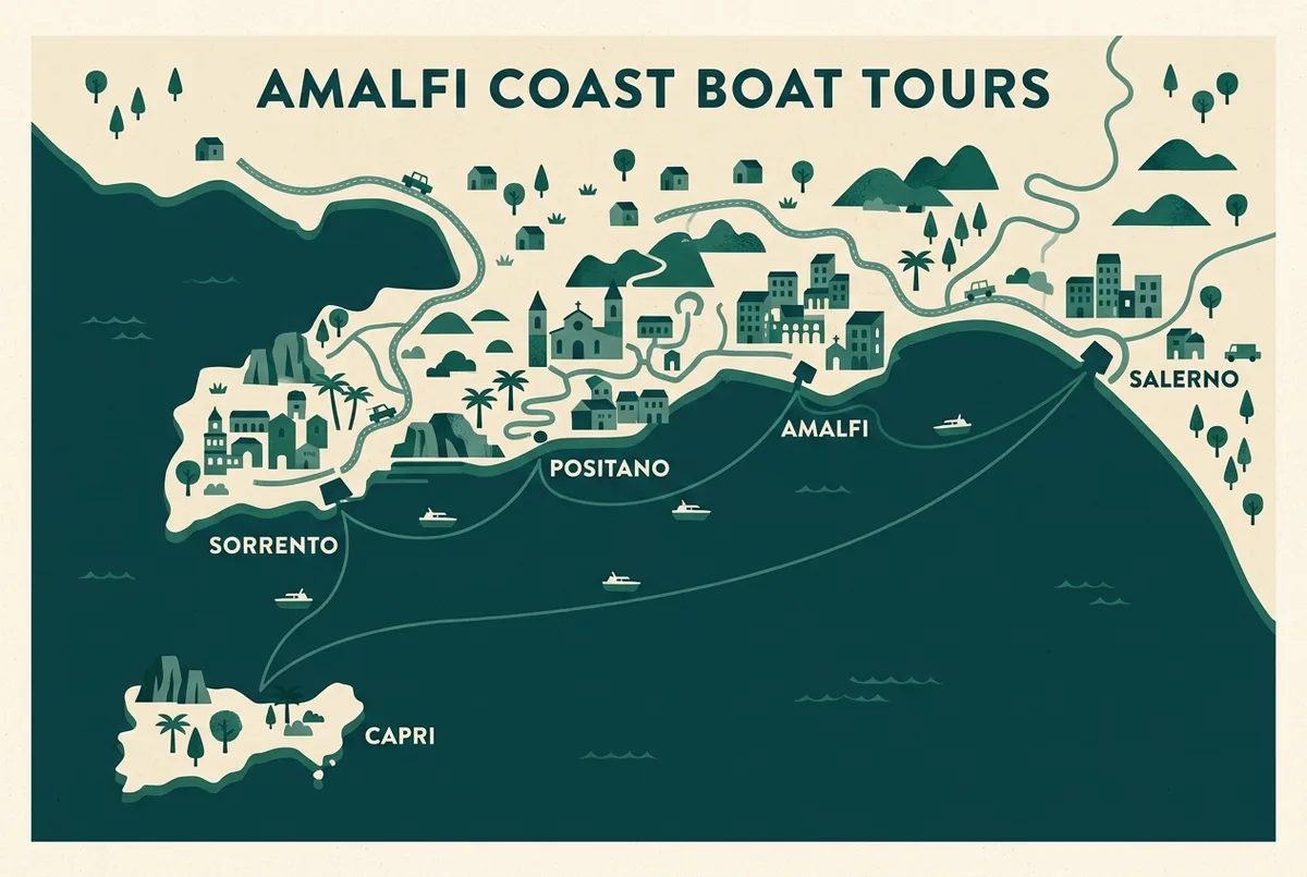 Map of Amalfi boat tour departure ports showing Amalfi, Positano, Sorrento, Salerno and the Capri crossing route