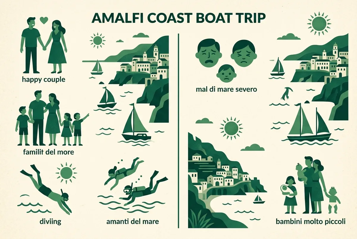Infografica semplice a due colonne che mostra icone generiche per chi è adatto a un giro in barca in costiera amalfitana, come coppie, famiglie con bambini più grandi e amanti del mare, accanto a icone per chi dovrebbe valutare altre opzioni, come mal di mare severo o bambini molto piccoli, stile piatto illustrato, nessuna cifra specifica, vale la pena giro in barca costiera amalfitana concept