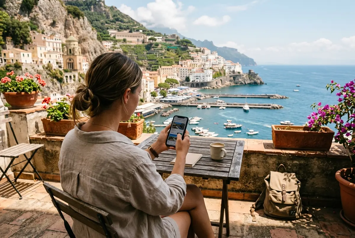 Traveler comparing two hotel price listings on a phone while sitting on a budget-friendly terrace overlooking the amalfi coast, midday light, honest practical mood