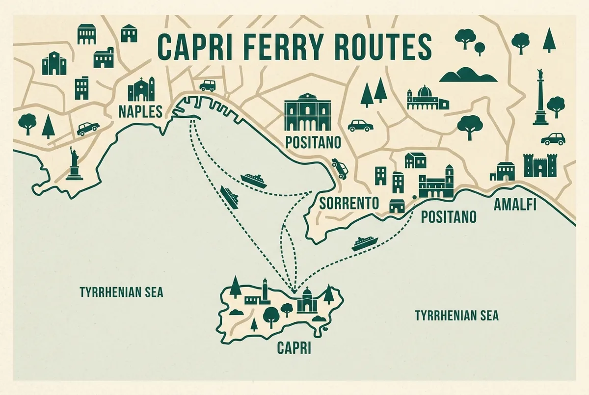 Simple map infographic showing dotted ferry routes from Positano, Sorrento, Amalfi and Naples converging on the separate island of Capri, with approximate crossing-time labels on each route, flat illustrated style, generic labels only