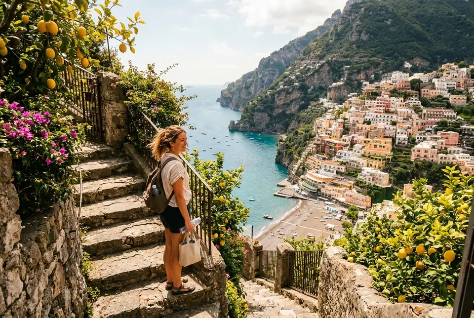 Traveler pausing on a steep staircase lined with lemon trees above Positano, pastel cliffside houses and the sea visible below, warm late-morning light, slightly out of breath but smiling