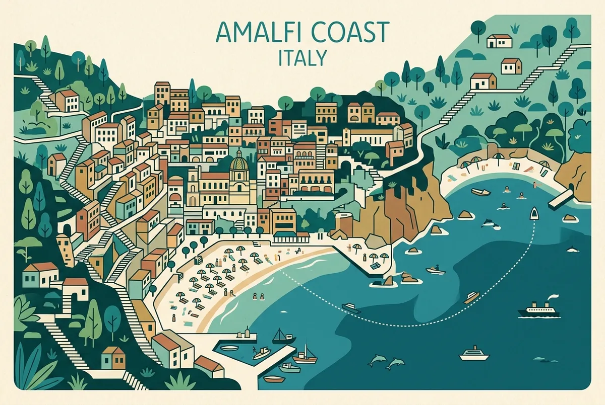 Simple map infographic showing Positano's main beach, the staircase streets climbing the cliff, and a dotted boat route heading out to open water toward nearby swim coves, flat illustrated style, generic labels only