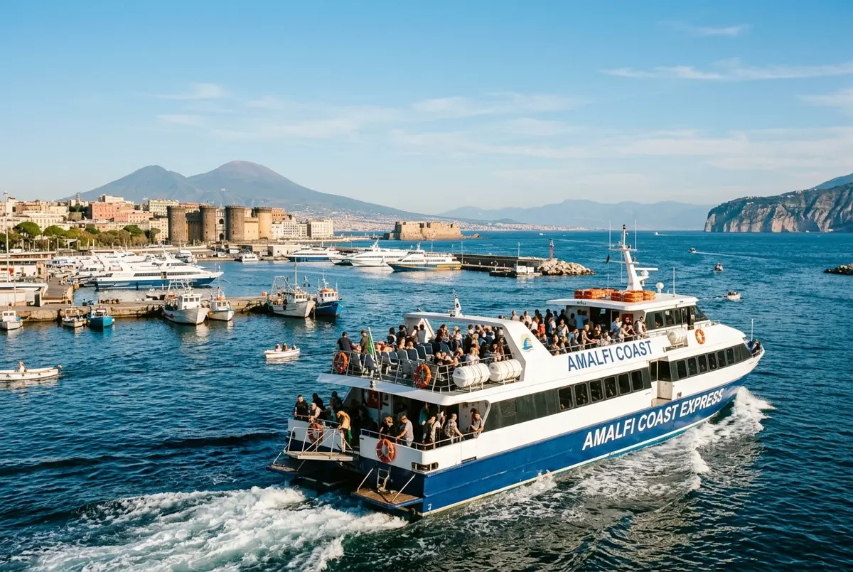 Passenger ferry departing Molo Beverello port in Naples heading toward the Amalfi Coast, clear morning light, Vesuvius visible in the distant background