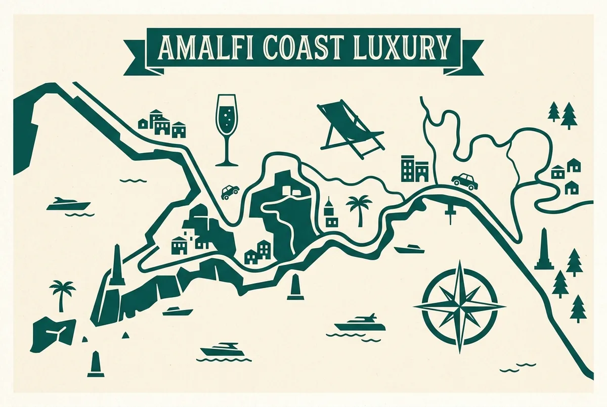Einfache Preisleiter-Infografik mit drei Stufen: geteilte Tour, private Bootscharter, Luxus-Ganztagesyacht, jeweils mit Dauer und Personenangabe als generische Platzhalter, Amalfiküste-Silhouette im Hintergrund