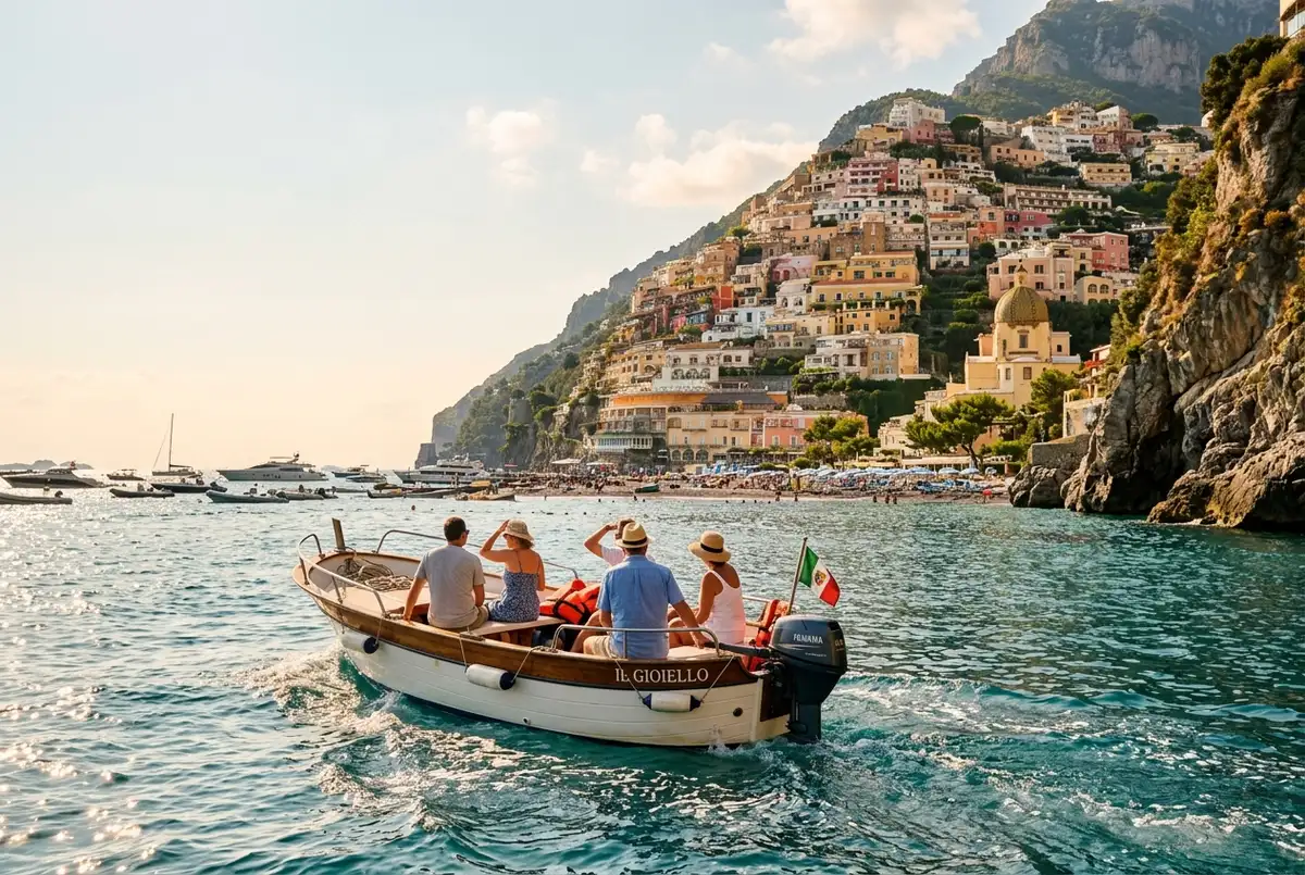 Small rental boat departing Positano's main beach marina at midday, colorful cliffside houses stacked above the harbor, calm turquoise water, traveler stepping aboard beside a skipper