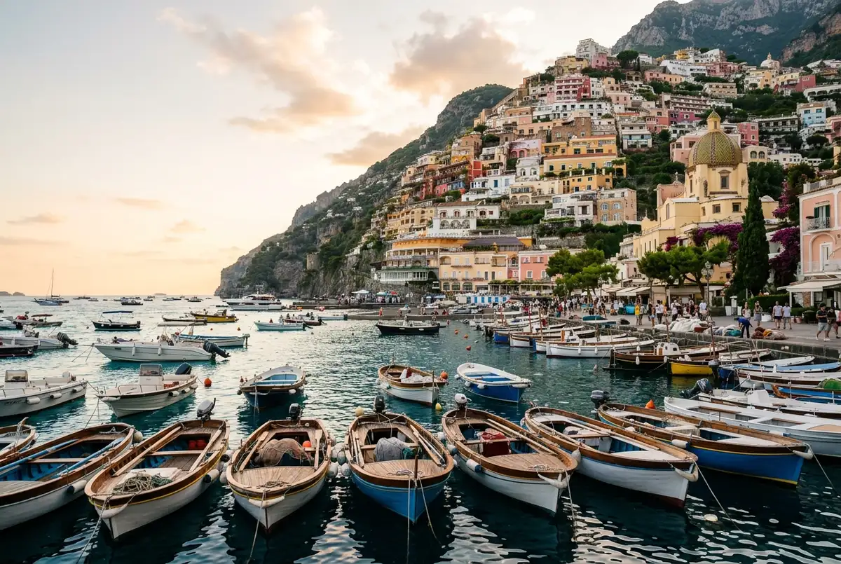 Small boats moored on Positano's main beach at midday with the pastel cliffside town rising behind them, travelers boarding for a positano boat tour, bright Mediterranean light