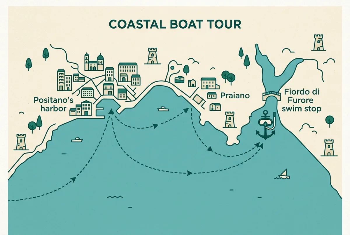 Simple map infographic showing the route from Positano's harbor past Praiano to the Fiordo di Furore swim stop, with a snorkel mask icon marking the anchor point, flat illustrated style, generic labels only