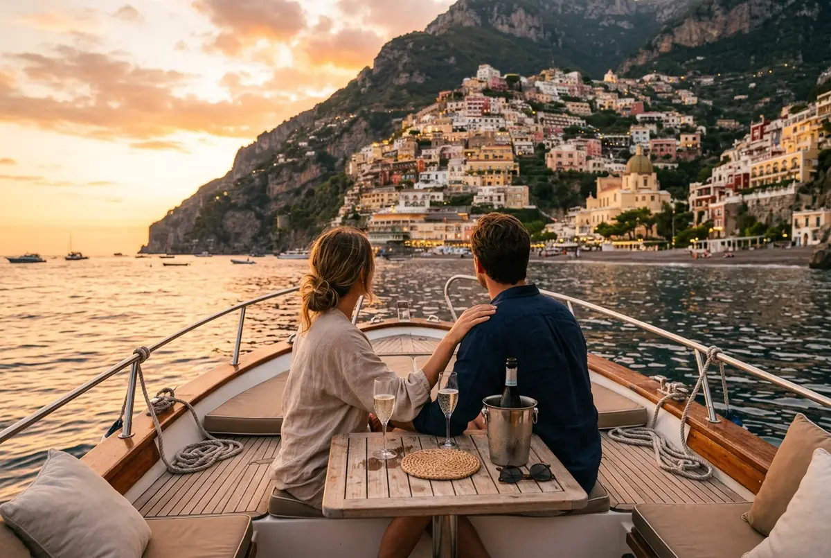 Couple on the deck of a small boat during a positano sunset cruise, golden hour light hitting the cliffside town of Positano in the background, glasses of prosecco on a small table
