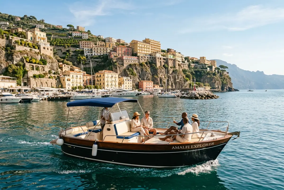 Private charter boat departing a small Sorrento marina with cliffside town visible behind it, a small group settling onto cushioned seating, clear morning light, private boat tour amalfi coast from sorrento concept