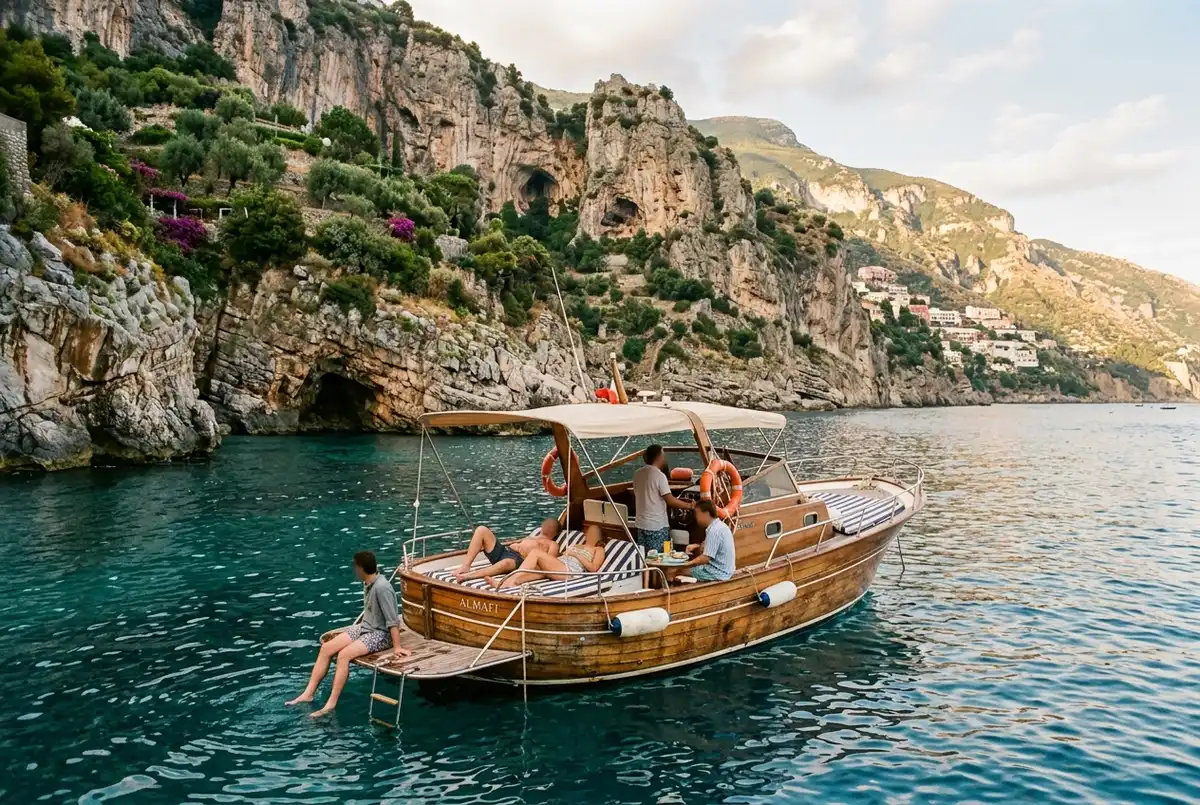Small private charter boat anchored near a limestone cove close to Positano for a private boat tour positano trip, one group relaxing on deck, no other boats nearby, afternoon light