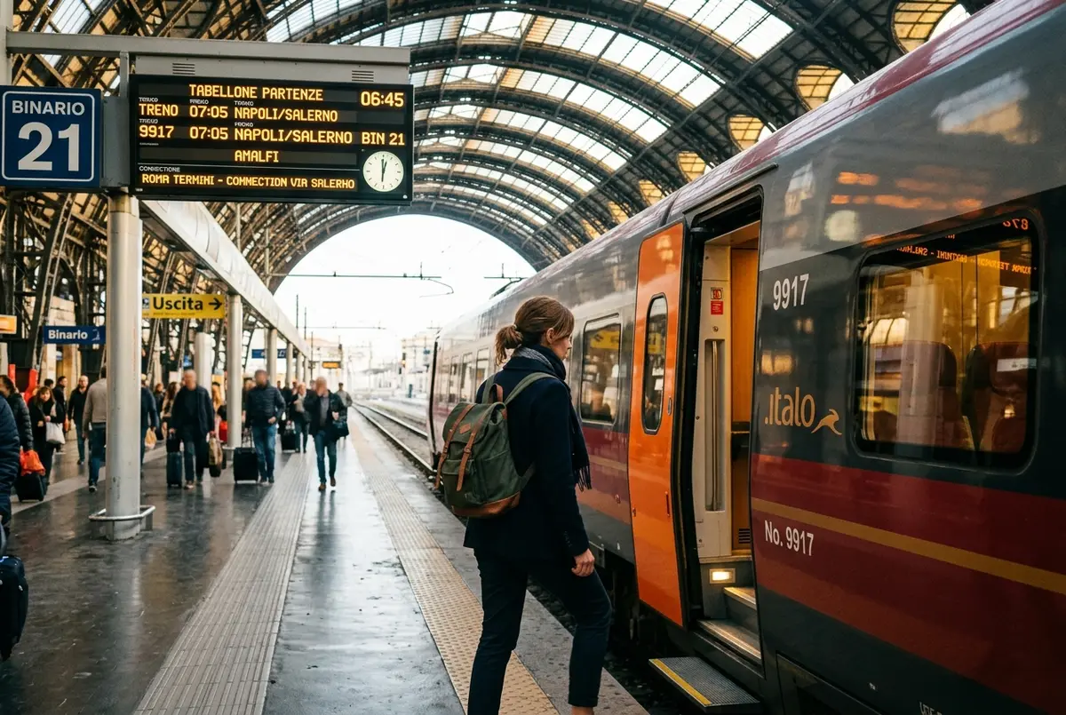 Traveler boarding a high-speed train at Roma Termini station early morning with a small daypack, departure board visible, generic station signage