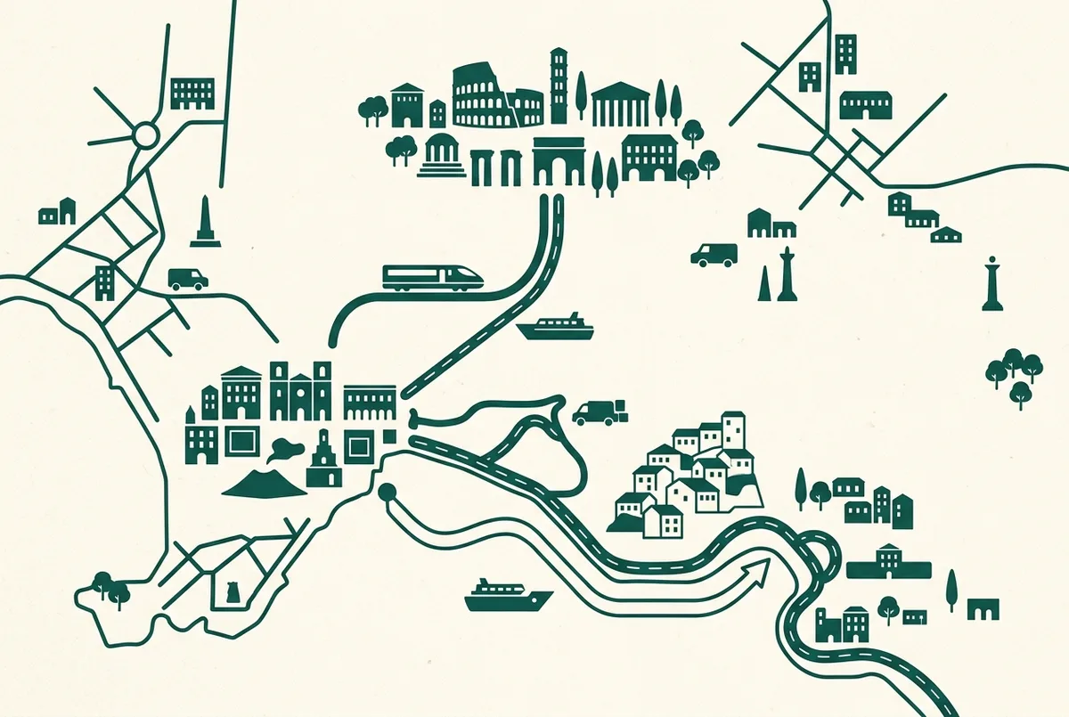 Simple transit map showing Rome, Naples and the Amalfi Coast connected by a high-speed train icon and a boat icon, flat illustrated style, generic place labels only
