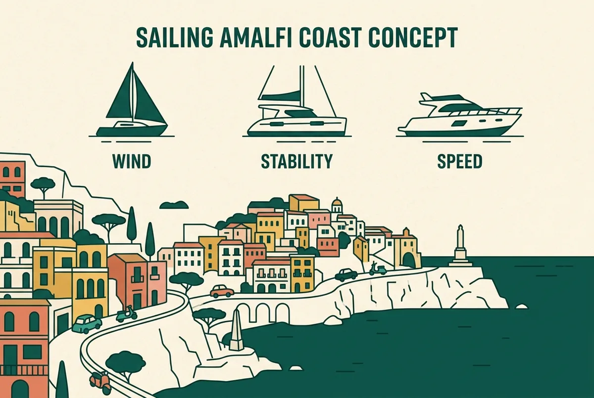 Simple side-by-side infographic icon comparison showing a sailboat icon, a catamaran icon and a standard motor-cruiser icon labeled generically wind, stability and speed, flat illustrated style, no prices, sailing amalfi coast concept
