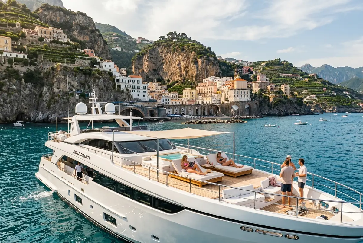 Sleek crewed yacht anchored off the Amalfi Coast with guests relaxing on a wide sundeck, cliffside town visible in the background, bright afternoon light, yacht rental amalfi coast concept