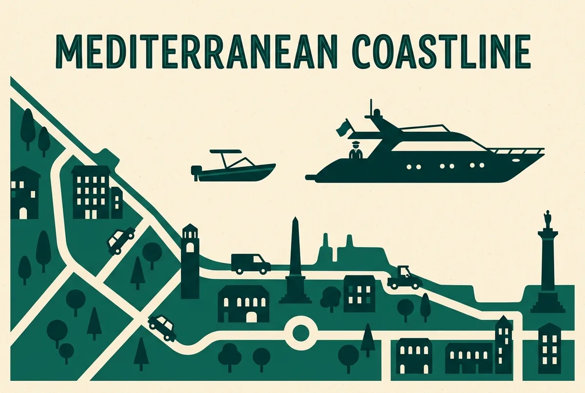 Simple comparison infographic showing a small rental boat icon beside a larger yacht icon with a crew figure on deck, generic labels only, flat illustrated style
